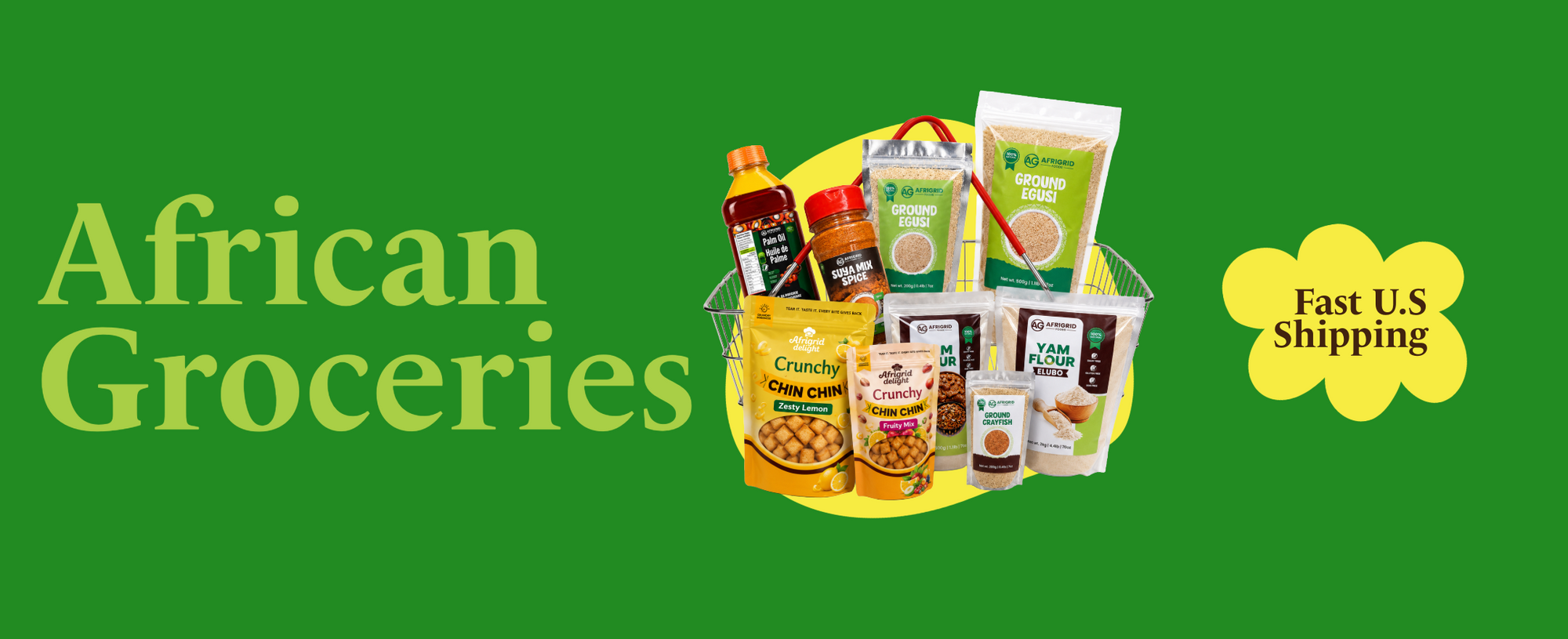 A promotional banner for an 'African Groceries' bundle,